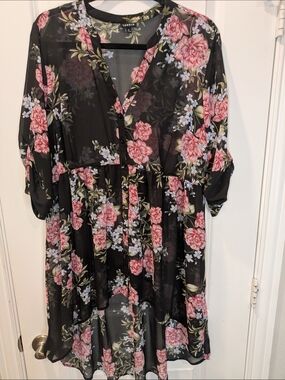 Torrid Size 1 Floral Sheer High Low Blouse Black Pink Babydoll Top